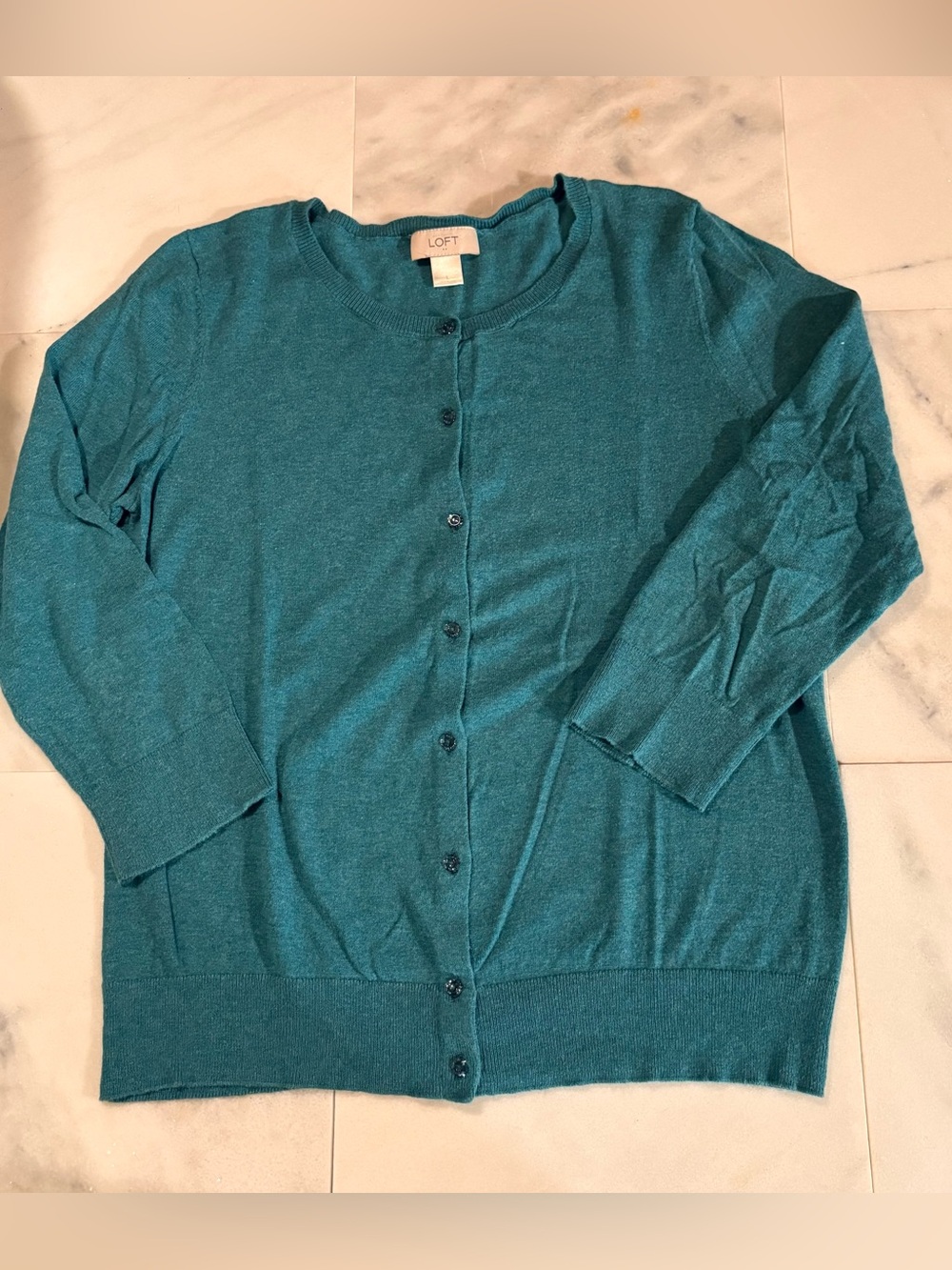 LOFT Teal Crewneck Button-Front Cardigan